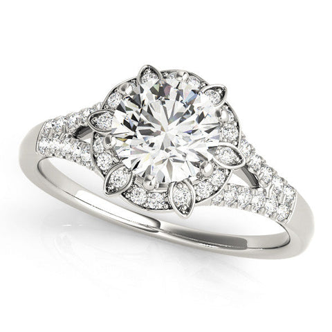 Silver Round Brilliant Halo Flower Split Shank Prong Setting Ring