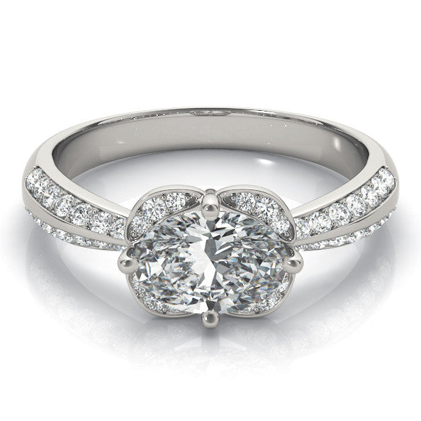 Silver Oval Halo Diamond Split Shank Ring with Four-Prong Setting