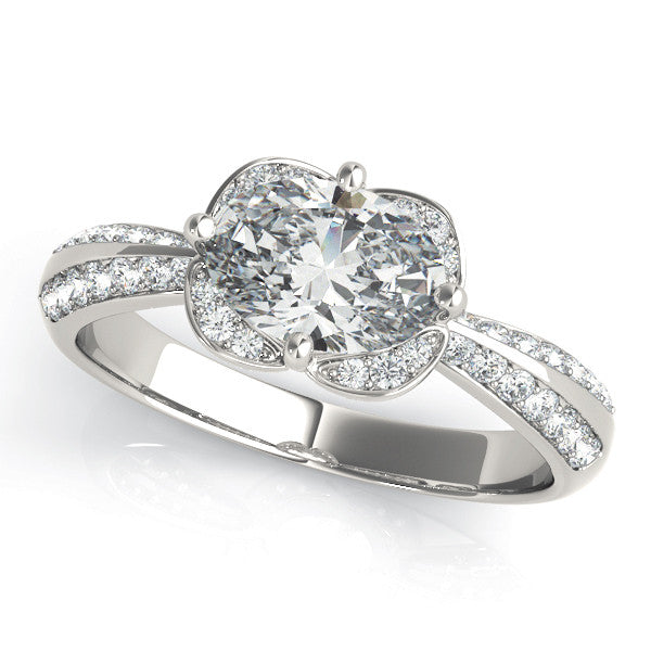 Silver Oval Halo Diamond Split Shank Ring with Four-Prong Setting