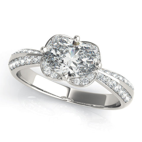 Silver Oval Halo Diamond Split Shank Ring with Four-Prong Setting