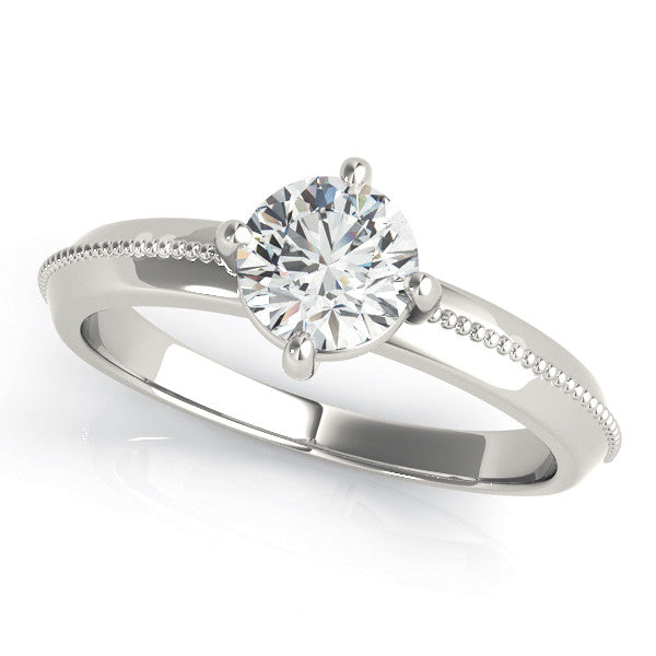 Platinum Round Solitaire Beaded Band with Four-Prong Setting