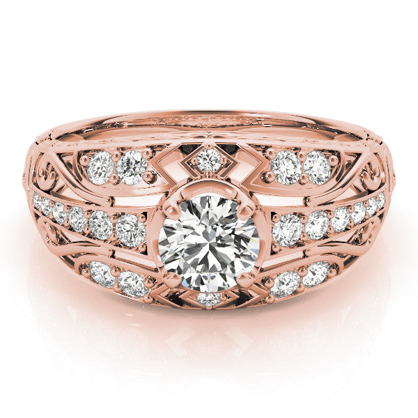 Rose gold Round Diamond Pave Art Deco Split Shank Ring with Four-Prong Setting