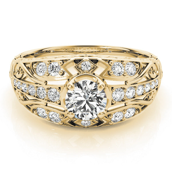 Yellow gold Round Diamond Pave Art Deco Split Shank Ring with Four-Prong Setting