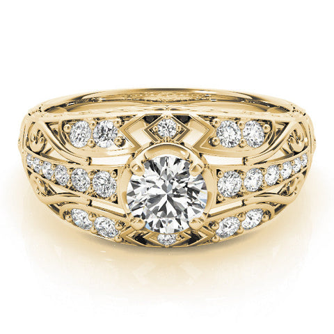 Yellow gold Round Diamond Pave Art Deco Split Shank Ring with Four-Prong Setting