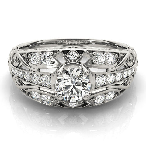 Platinum Round Diamond Pave Art Deco Split Shank Ring with Four-Prong Setting