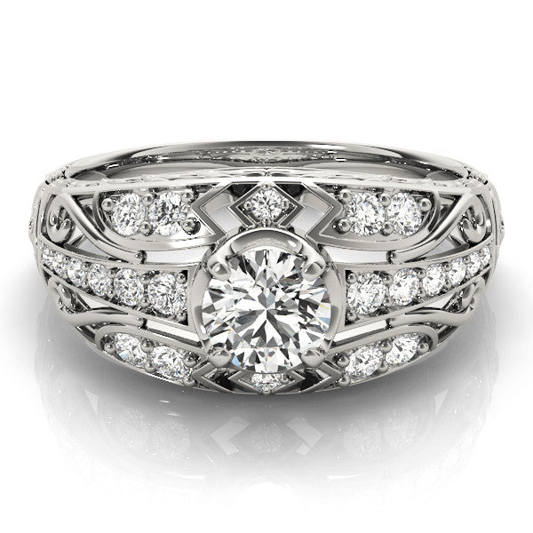 White gold Round Diamond Pave Art Deco Split Shank Ring with Four-Prong Setting