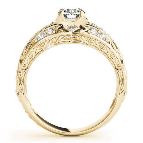 Yellow gold Round Diamond Pave Art Deco Split Shank Ring with Four-Prong Setting