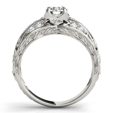 Platinum Round Diamond Pave Art Deco Split Shank Ring with Four-Prong Setting