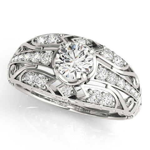 Platinum Round Diamond Pave Art Deco Split Shank Ring with Four-Prong Setting