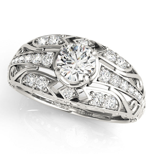 Silver Round Diamond Pave Art Deco Split Shank Ring with Four-Prong Setting