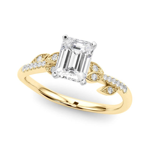 Yellow gold Emerald Solitaire Leaf-Inspired Diamond Ring with Pavé Band and Four-Prong Setting