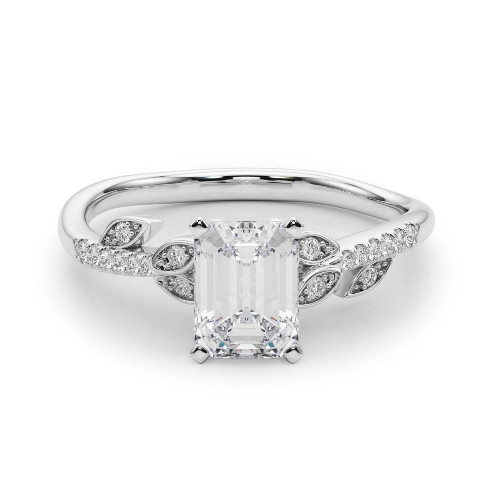 Platinum Radiant Solitaire Leaf-Inspired Diamond Ring with Pavé Band and Four-Prong Setting