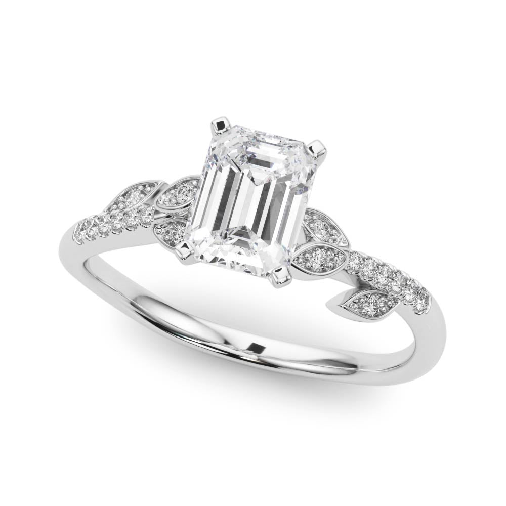 White gold Radiant Solitaire Leaf-Inspired Diamond Ring with Pavé Band and Four-Prong Setting