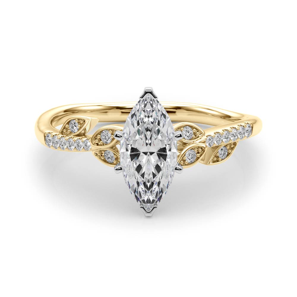Yellow gold Marquise Solitaire Leaf-Inspired Diamond Ring with Pavé Band and Four-Prong Setting