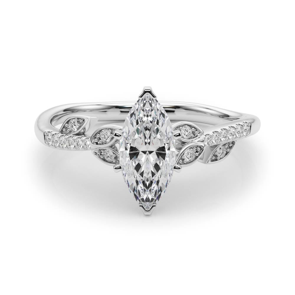 Platinum Marquise Solitaire Leaf-Inspired Diamond Ring with Pavé Band and Four-Prong Setting