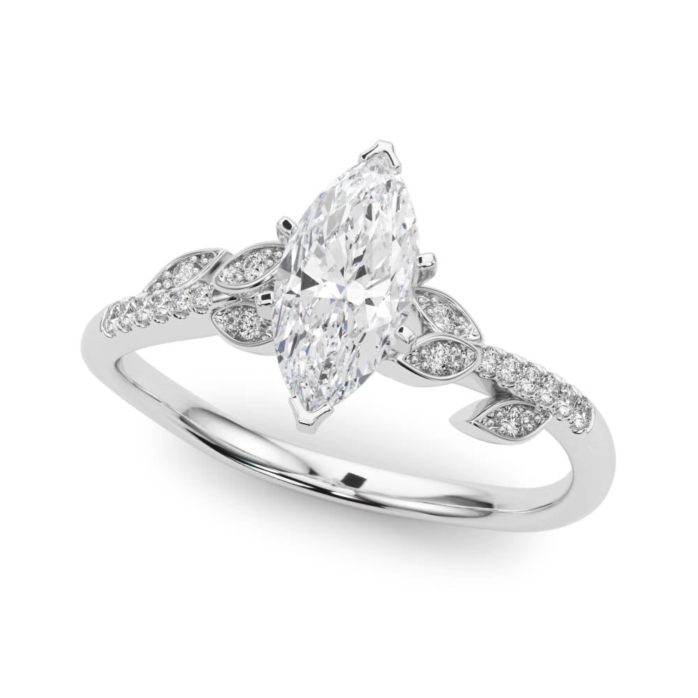 Platinum Marquise Solitaire Leaf-Inspired Diamond Ring with Pavé Band and Four-Prong Setting