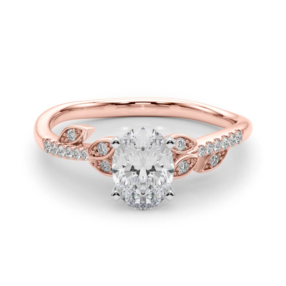 Rose gold Oval Solitaire Leaf-Inspired Diamond Ring with Pavé Band and Four-Prong Setting