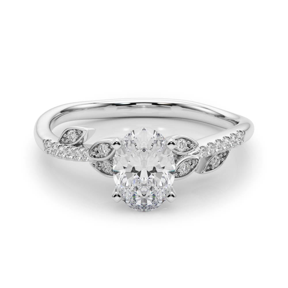 White gold Oval Solitaire Leaf-Inspired Diamond Ring with Pavé Band and Four-Prong Setting