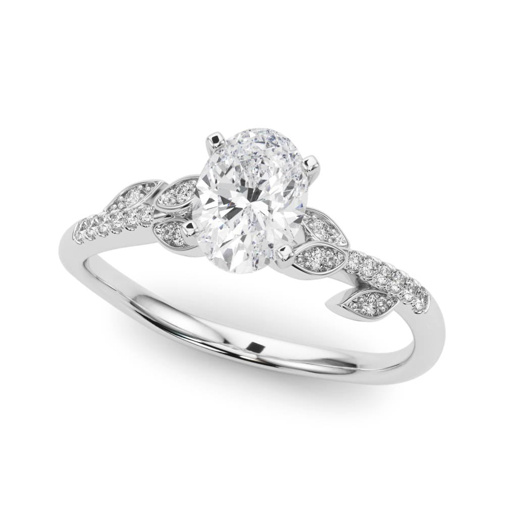 Platinum Oval Solitaire Leaf-Inspired Diamond Ring with Pavé Band and Four-Prong Setting