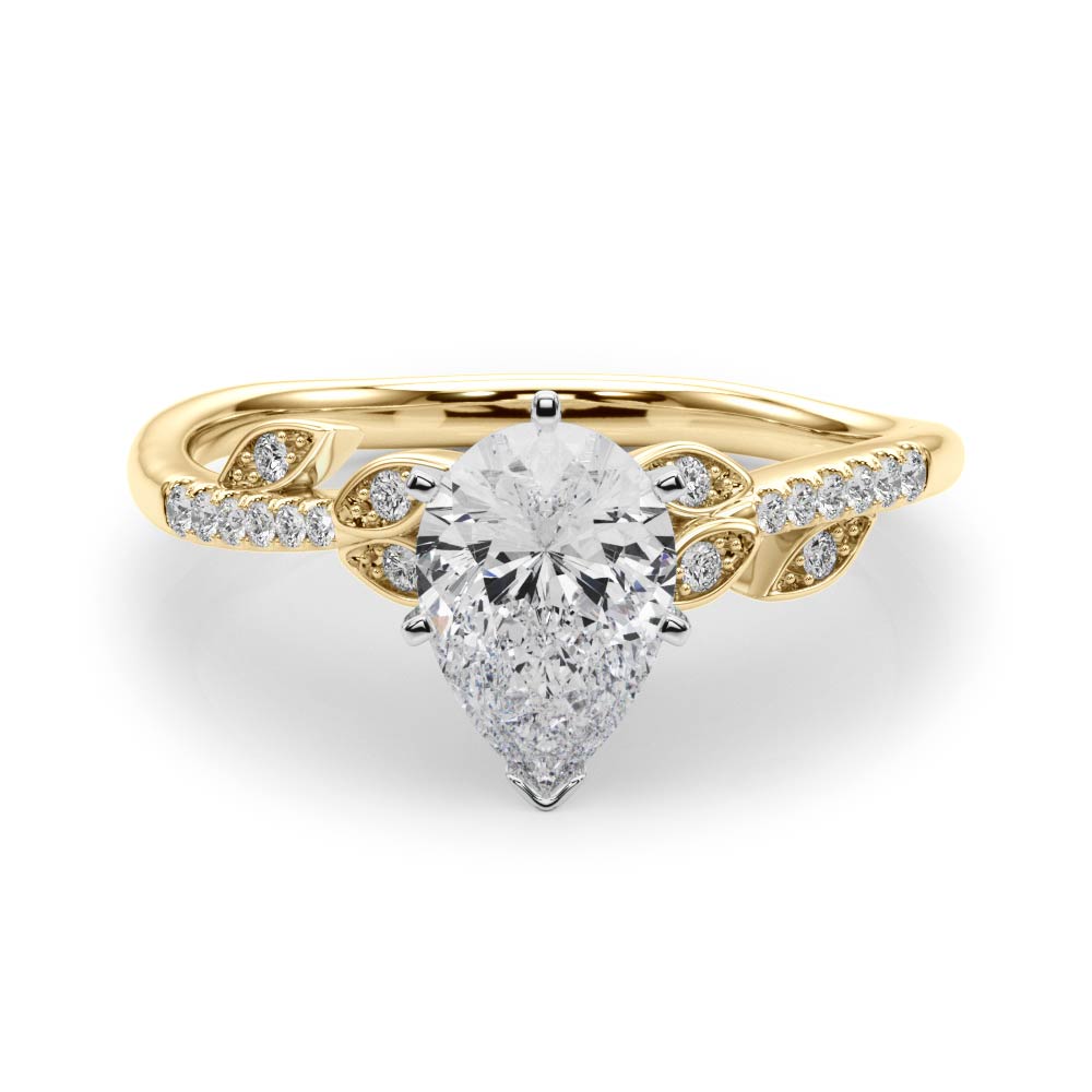 Yellow gold Pear Solitaire Leaf-Inspired Diamond Ring with Pavé Band and Four-Prong Setting