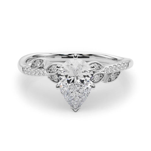 Platinum Pear Solitaire Leaf-Inspired Diamond Ring with Pavé Band and Four-Prong Setting