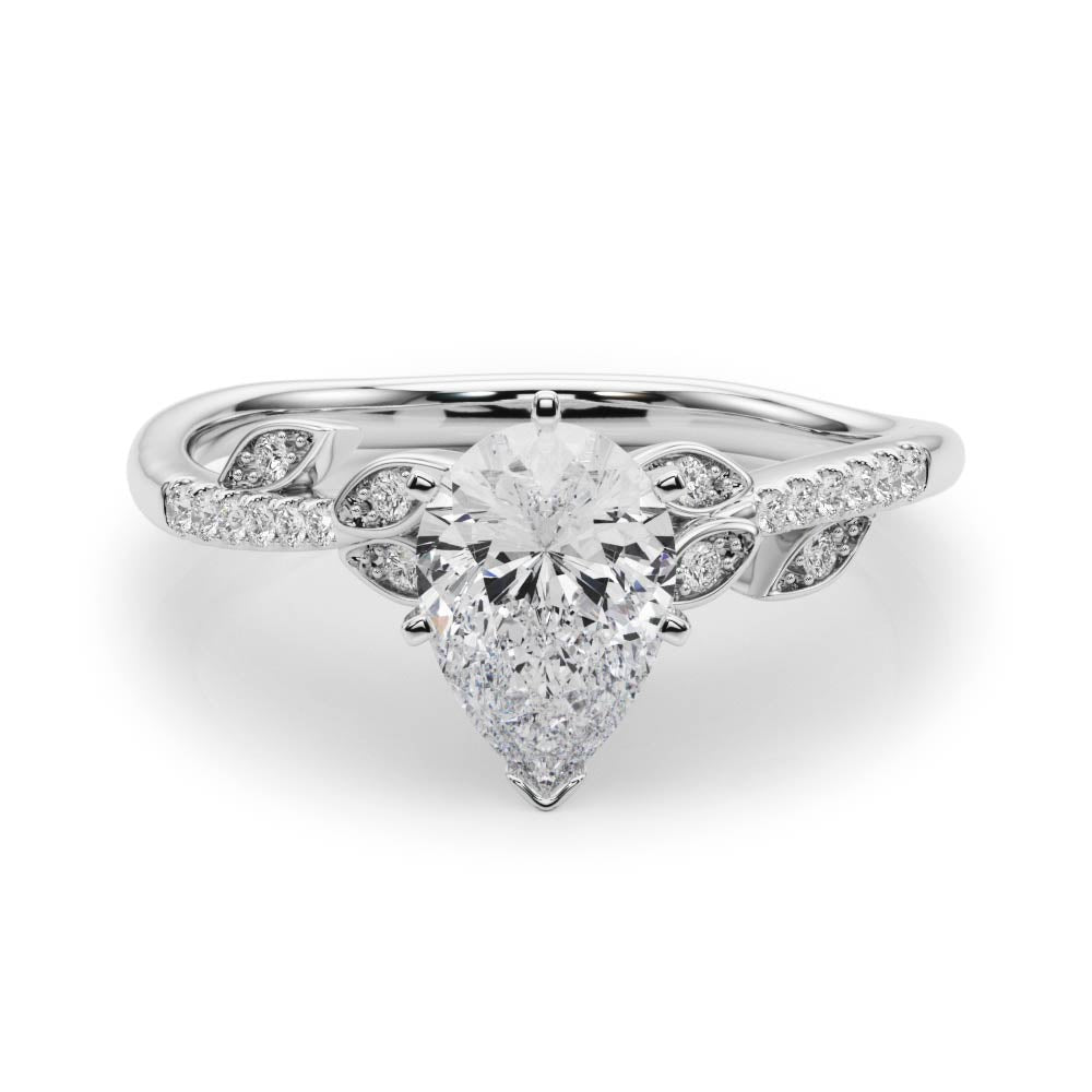 White gold Pear Solitaire Leaf-Inspired Diamond Ring with Pavé Band and Four-Prong Setting