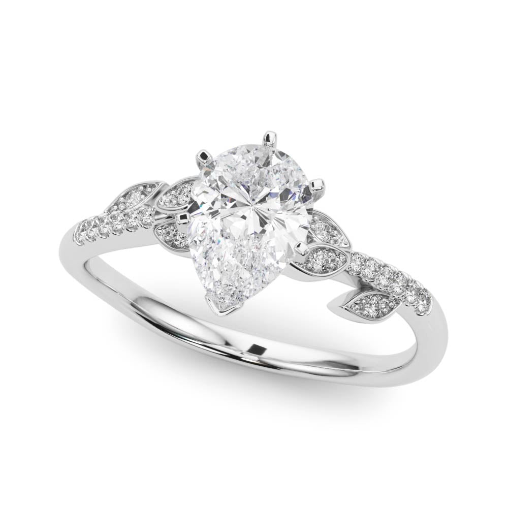 Platinum Pear Solitaire Leaf-Inspired Diamond Ring with Pavé Band and Four-Prong Setting