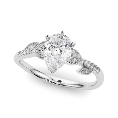 Platinum Pear Solitaire Leaf-Inspired Diamond Ring with Pavé Band and Four-Prong Setting