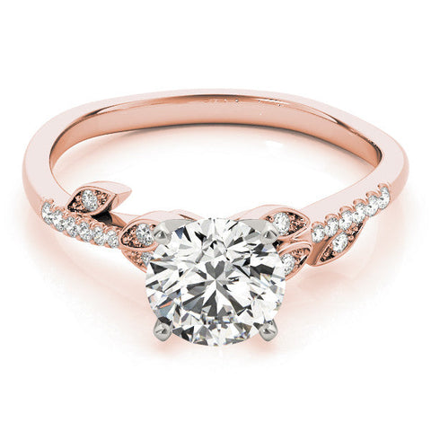 Rose gold Round Solitaire Leaf-Inspired Diamond Ring with Pavé Band and Four-Prong Setting