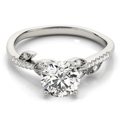 Platinum Round Solitaire Leaf-Inspired Diamond Ring with Pavé Band and Four-Prong Setting