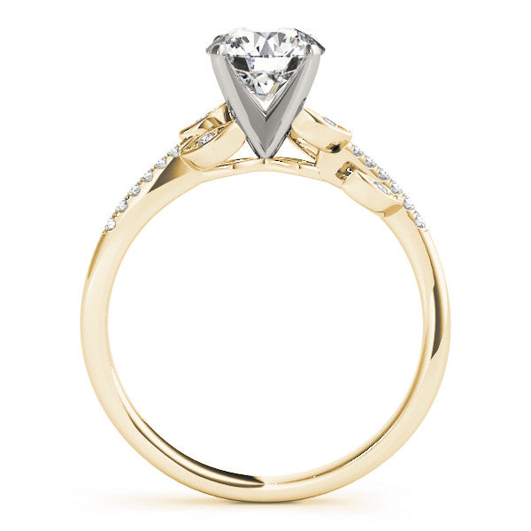 Yellow gold Round Solitaire Leaf-Inspired Diamond Ring with Pavé Band and Four-Prong Setting