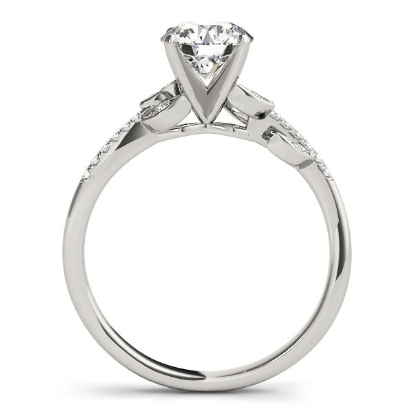 White gold Round Solitaire Leaf-Inspired Diamond Ring with Pavé Band and Four-Prong Setting