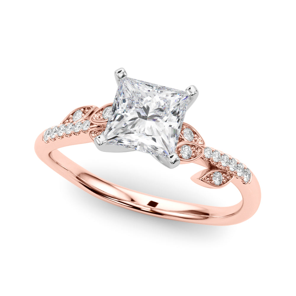 Rose gold Princess Solitaire Leaf-Inspired Diamond Ring with Pavé Band and Four-Prong Setting