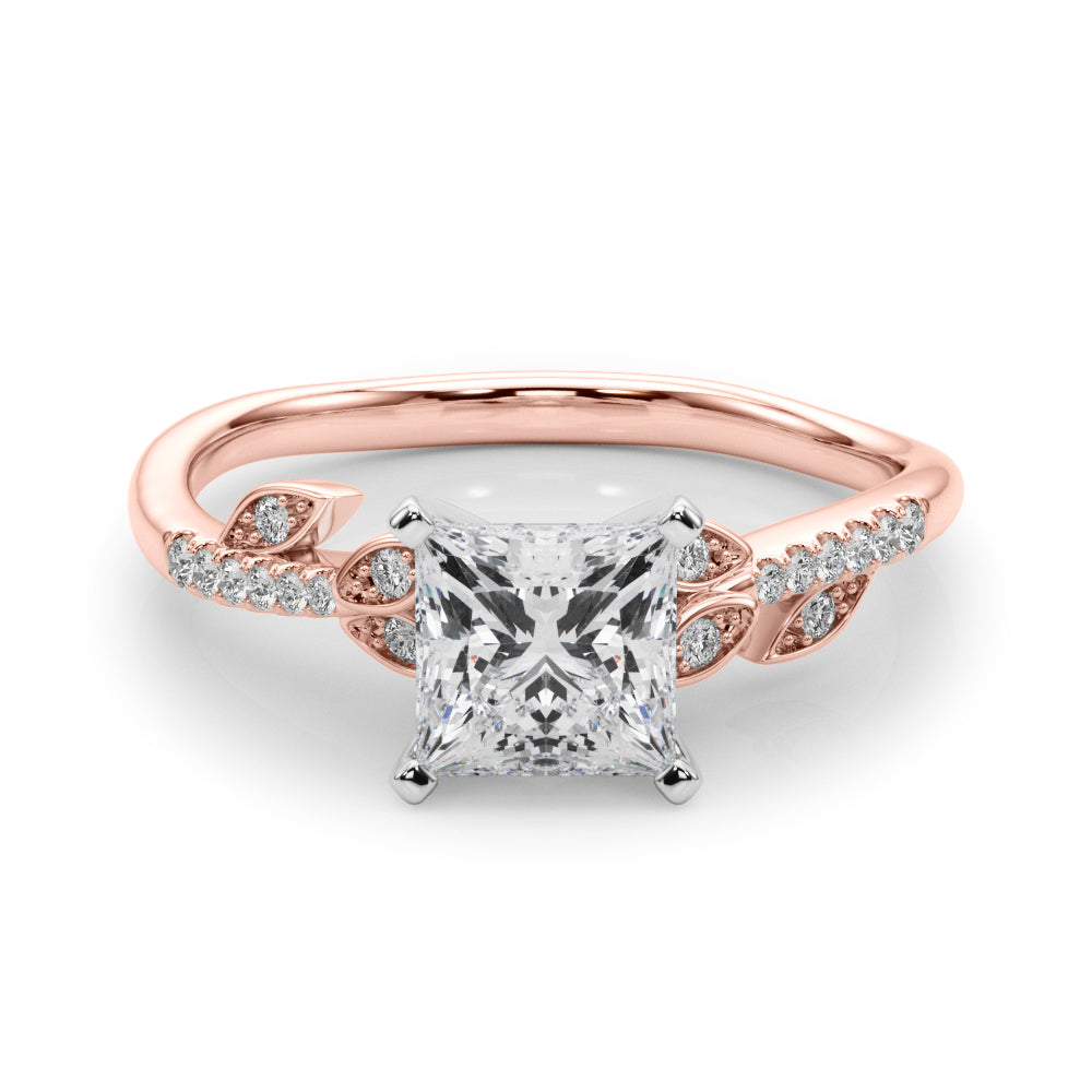 Rose gold Princess Solitaire Leaf-Inspired Diamond Ring with Pavé Band and Four-Prong Setting