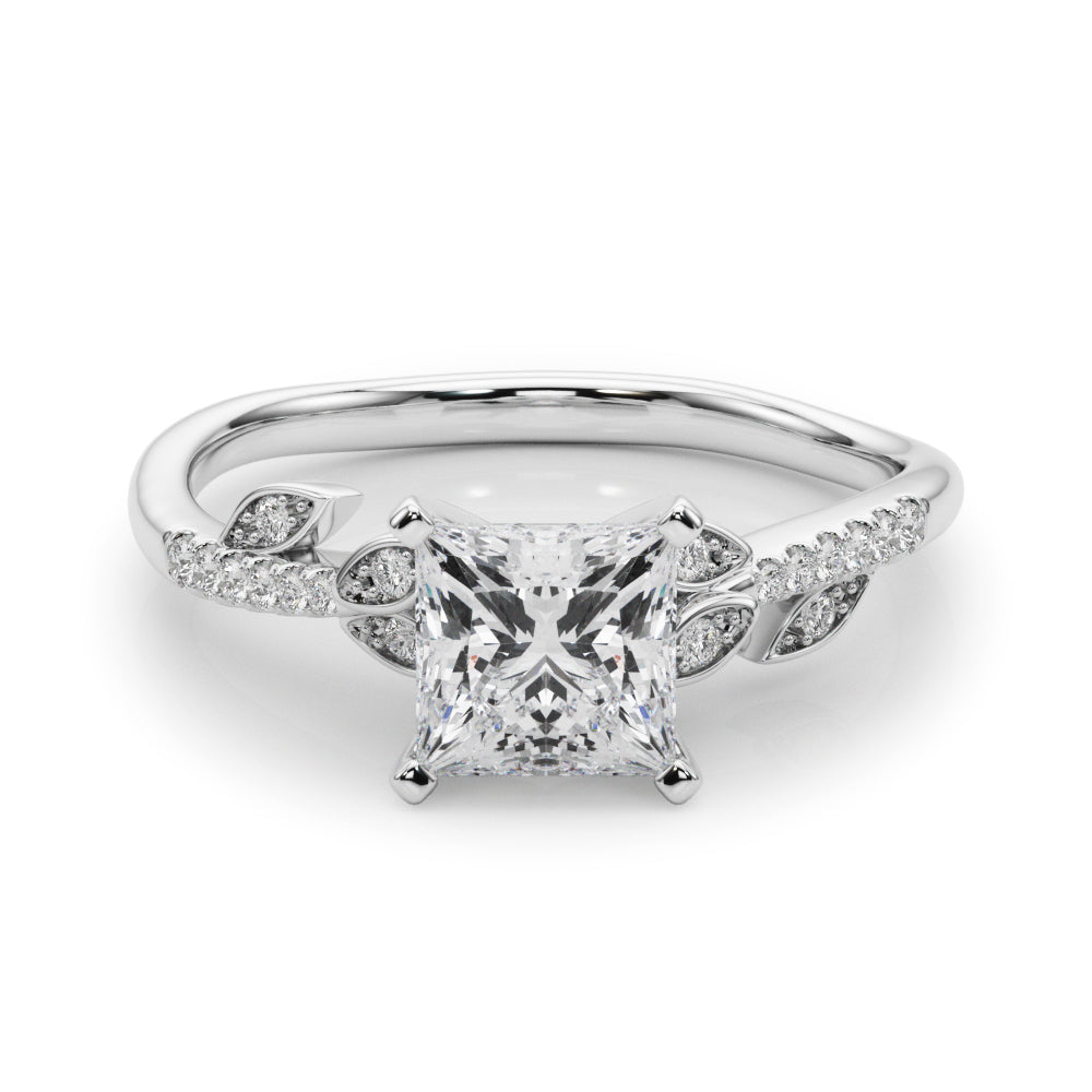 Platinum Princess Solitaire Leaf-Inspired Diamond Ring with Pavé Band and Four-Prong Setting