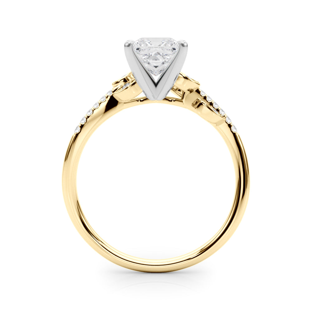 Yellow gold Princess Solitaire Leaf-Inspired Diamond Ring with Pavé Band and Four-Prong Setting