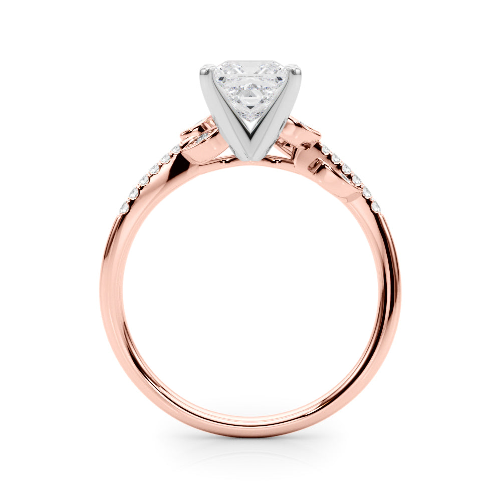 Rose gold Princess Solitaire Leaf-Inspired Diamond Ring with Pavé Band and Four-Prong Setting