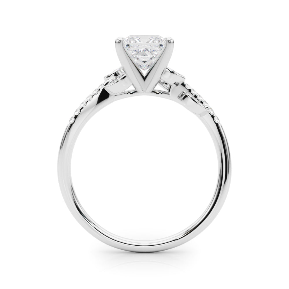 White gold Princess Solitaire Leaf-Inspired Diamond Ring with Pavé Band and Four-Prong Setting