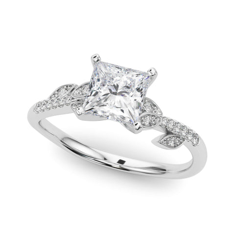 White gold Princess Solitaire Leaf-Inspired Diamond Ring with Pavé Band and Four-Prong Setting