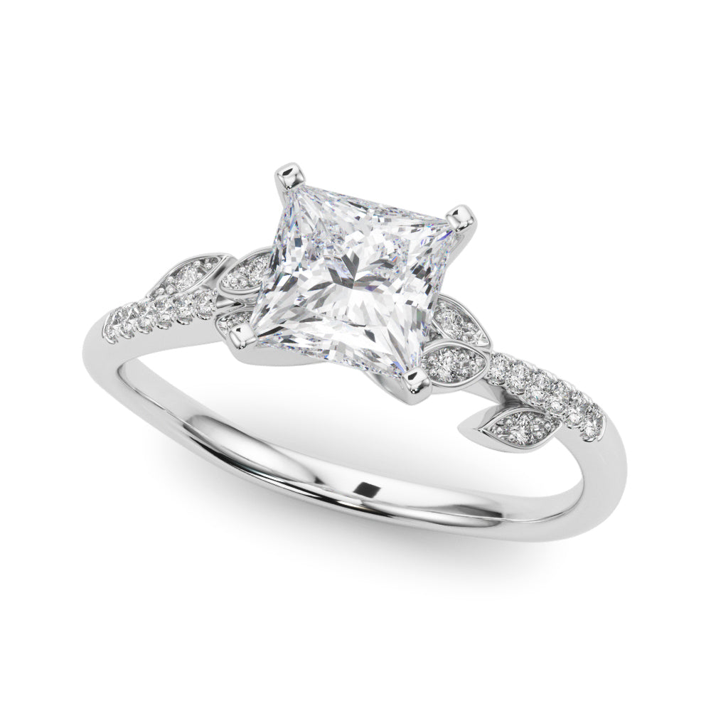 Platinum Princess Solitaire Leaf-Inspired Diamond Ring with Pavé Band and Four-Prong Setting