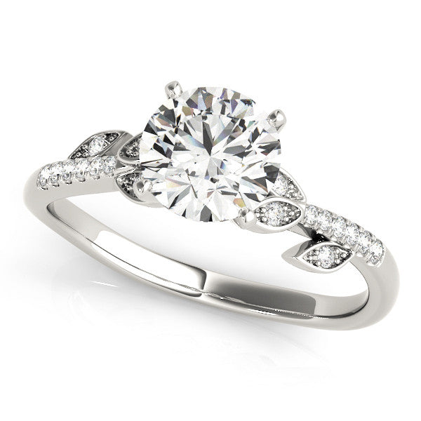 Platinum Round Solitaire Leaf-Inspired Diamond Ring with Pavé Band and Four-Prong Setting