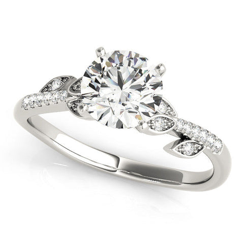 White gold Round Solitaire Leaf-Inspired Diamond Ring with Pavé Band and Four-Prong Setting