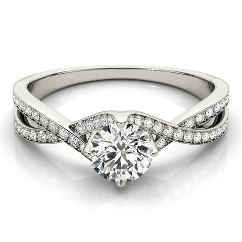 Platinum Round Solitaire Twist Band with Pavé Setting and Four-Prong Mount