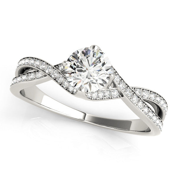 Platinum Round Solitaire Twist Band with Pavé Setting and Four-Prong Mount