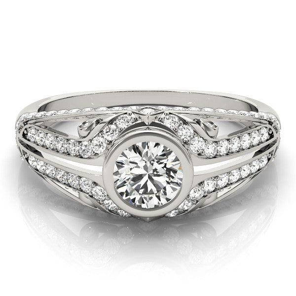 Platinum Bezel Set Round Diamond Split Shank Pavé Ring