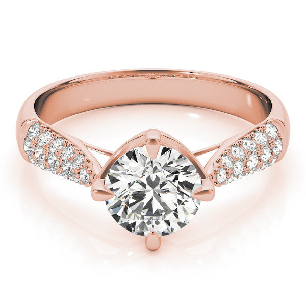 Rose gold Round Cut Diamond Solitaire with Pave Band and Four-Prong Setting