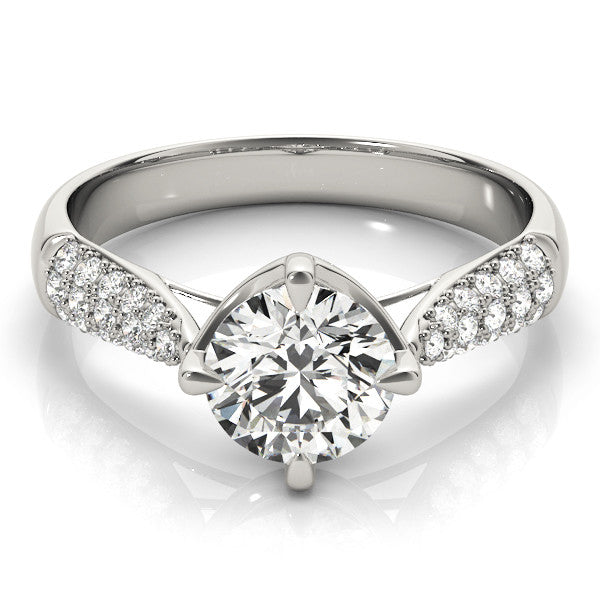 Silver Round Cut Diamond Solitaire with Pave Band and Four-Prong Setting
