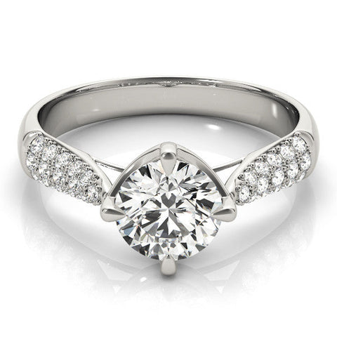 White gold Round Cut Diamond Solitaire with Pave Band and Four-Prong Setting
