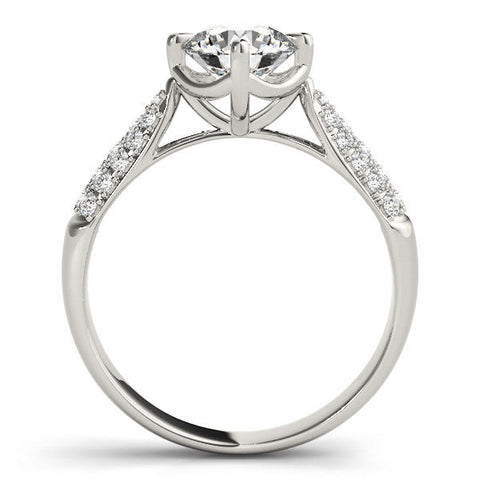 Platinum Round Cut Diamond Solitaire with Pave Band and Four-Prong Setting