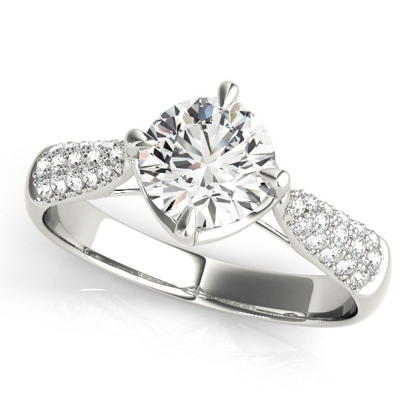 Platinum Round Cut Diamond Solitaire with Pave Band and Four-Prong Setting